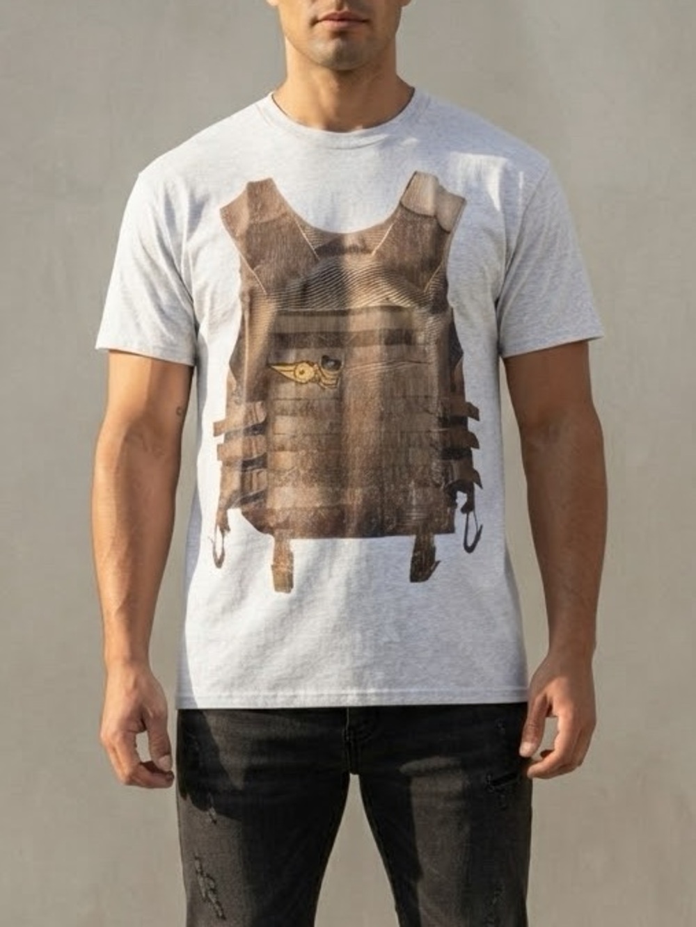 Men’s Short Sleeve Grey Tee with Brown Vest Graphic